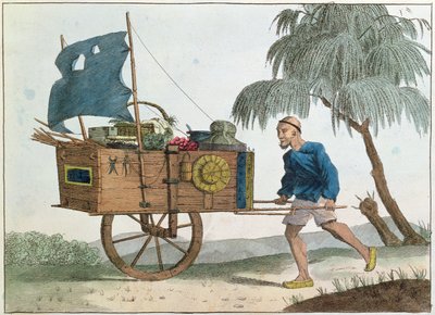 Camponês chinês com um carrinho de mão sob vela, 1811 de French School