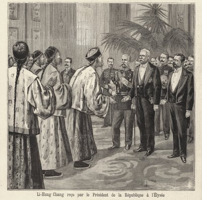 O político e diplomata chinês Li Hongzhang recebido pelo presidente francês Felix Faure no Palácio Elysee, em Paris de French School
