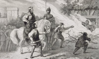 Chlotaire I (497-561) queima seu filho rebelde e sua família, de &39;Histoire de France&39; por Colart, publicado em 1840 de French School