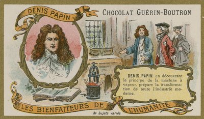 Cartão de comércio de chocolate Guerin-Boutron, Denis Papin de French School