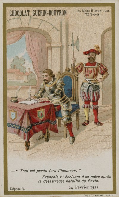 Cartão de comércio de Chocolat Guerin-Boutron, série histórica de palavras de French School