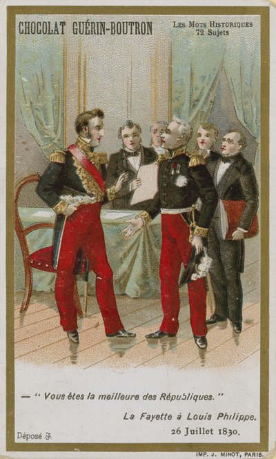Cartão de comércio de Chocolat Guerin-Boutron, série histórica de palavras de French School