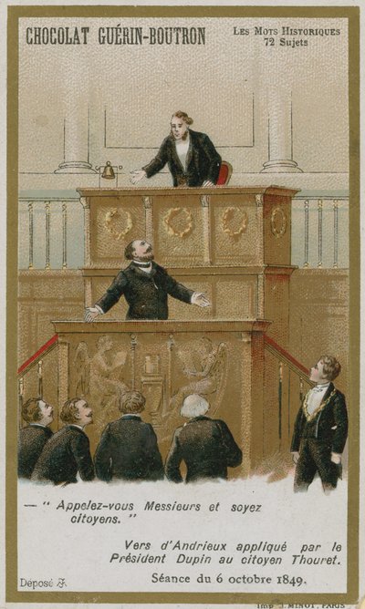 Cartão de comércio de Chocolat Guerin-Boutron, série histórica de palavras de French School