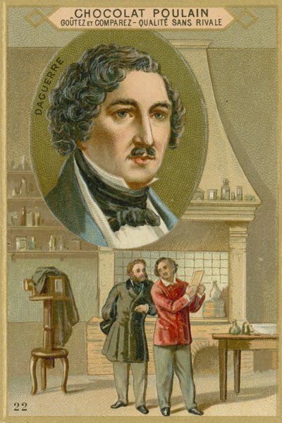 Cartão de comércio do potro de chocolate, Louis Daguerre de French School