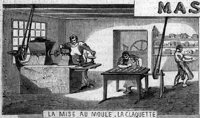 Fabrico de chocolate: pesagem e molde, torneira. Usine de M. Masson, Paris de French School