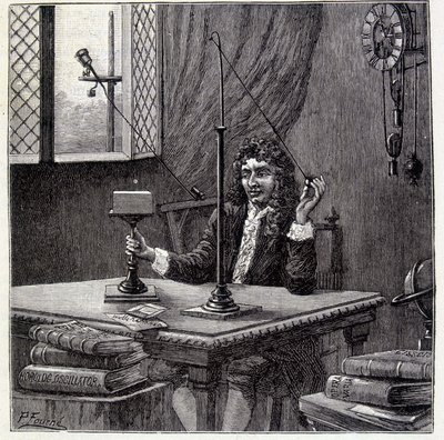 Christian Huyghens observando "a inclinação para o movimento" ou elasticidade corporal - em "Physique Populaire" de Emile Desbeaux de French School