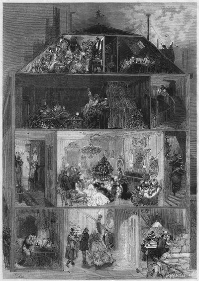 Véspera de Natal: secção transversal de um edifício parisiense que apresenta diferentes formas de celebrar o Ano Novo. Gravura no "Le Monde Illustré" n°810 de 19 de Outubro de 1872. de French School