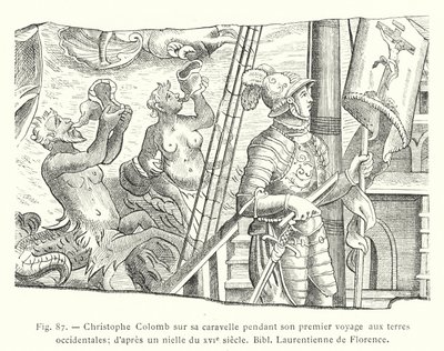 Cristóvão Colombo na sua caravela durante a sua primeira viagem às Terras Ocidentais; de um niello do século XVI, Biblioteca Laurenciana de Florença (gravura) de French School