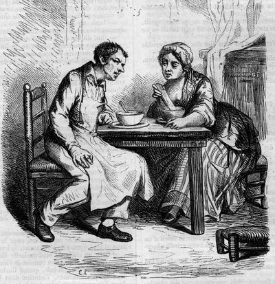 Christophe e a gorda Sylvie: criados a tomar o pequeno-almoço. Gravura de meados do século XIX. Ilustração para "O Padre Goriot" de Honore de Balzac (1799-1850). de French School