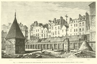 Cemitérios e valas comuns dos Saint-Innocents, ao lado da rue aux Fers, 1780, depois de um desenho de Bernier, Coll A Lenoir de French School