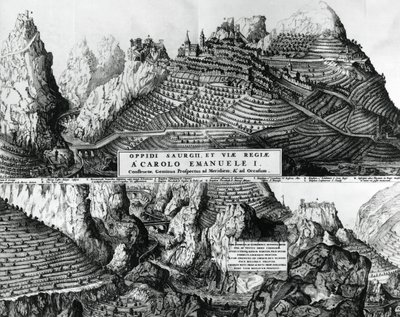Cidade de Saorge, França, sob o domínio de Savoy, gravura de French School