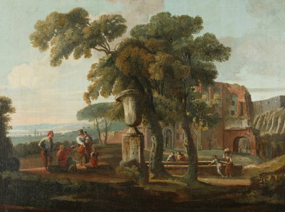 Paisagem clássica com urna, c.1700 (óleo sobre tela) de French School