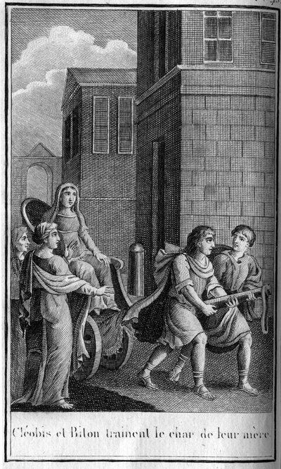 Cleobis e Biton Argian irmãos gémeos, filho de Cydippe, pré-estreia de Hera. Eles são o símbolo do amor filial. Morrem de exaustão ao despedir a carruagem da mãe de Argos no santuário de Hera, perto de Micenas. Em "Beautes de l