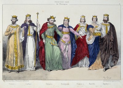 Clotaire (Clothaire) I, Caribert, Chilperic, Fredegonde, Clotaire II, Nantilde, Dagobert I - in "La monarchy francaise en estampes de French School