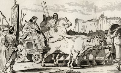 Clóvis III (682-95) em uma Carruagem puxada por Bois, com Pepino II de Herstal (c.714) Cavalgando ao Lado Dele, de &39;Histoire de France&39; por Colart, publicado em 1840 de French School