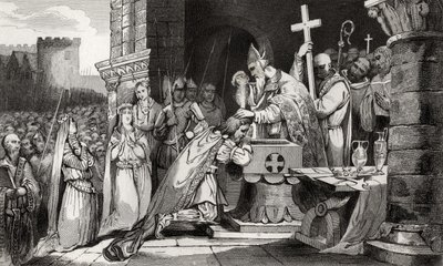 Clovis I (465-511) Batizado com homens de seu exército antes da Batalha de Tolbiac, de &39;Histoire de France&39; por Colart, publicado em 1840 de French School