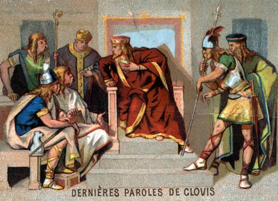 As últimas palavras de Clovis: "Infeliz estou! Continuo como um viajante entre estranhos e não tenho mais pais para me apoiar se a adversidade vier." Cromolitografia da série "Educação Patriótica pela Imagem". de French School