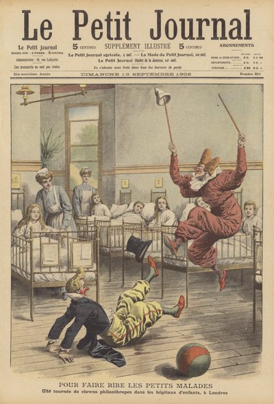 Palhaços a entreter crianças doentes num hospital em Londres (litografia a cores) de French School