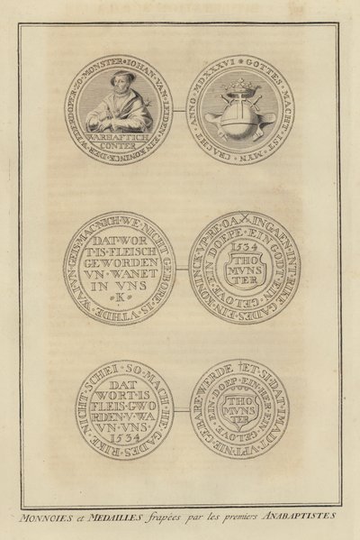 Moedas e medalhas atingidas pelos primeiros Anabaptistas (gravura) de French School