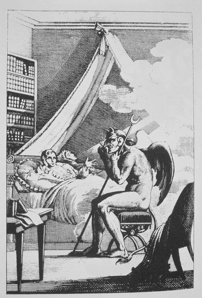 Collin de Plancy (1793-1887) conversando com o diabo, de Le Diable Peint par Lui-meme (1825) ilustrado em uma história da magia publicada no final do século XIX de French School