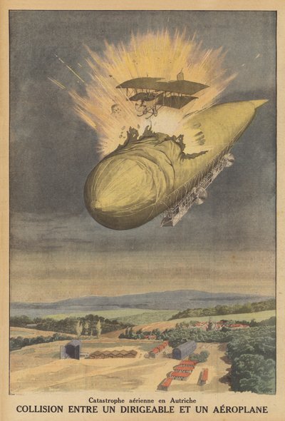 Colisão entre um dirigível e um avião na Áustria (cor litho) de French School