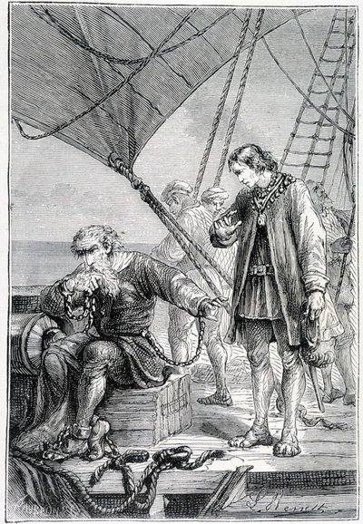 Colombo preso como um vilão (no convés do navio), doente. "Discovery de la Terre" de Jules Verne, ed. Hetzel, n.d. 19. de French School