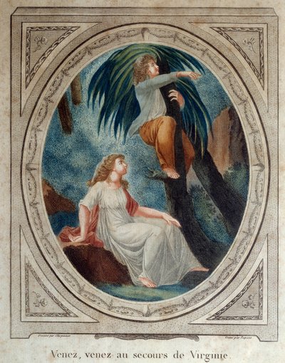 Vá lá, ajuda a Virginia. Ilustração para o romance "Paul and Virginie" de Bernardin de Saint Pierre (1737-1814). Gravura a partir de 1790. La Rochelle, Museu do Novo Mundo de French School