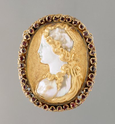Commesso retrato de Prudentia, 1550-60 (ouro, madrepérola, esmalte e rubi) de French School
