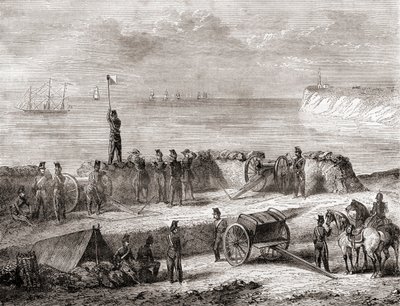 Comunicação entre um navio que entra no porto e as tropas desembarcadas utilizando o sistema de telegrafia semafórica de bandeira, de Les Merveilles de la Science, publicado por volta de 1870 (gravura) de French School