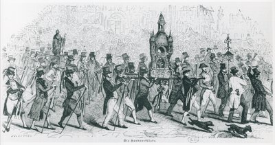 Companheiros do Tour de France celebrando, c. 1845 (gravura) (foto a p/b) de French School