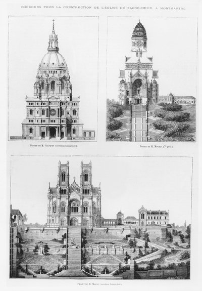 Concurso para a construção da Basílica do Sagrado Coração em Montmartre, desenhos de Monsieur Crépinet, Sr. Moyaux e Monsieur Magne, 1875 de French School