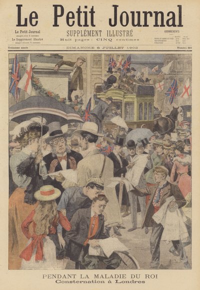 Preocupação em Londres com a doença do Rei Eduardo VII (litografia a cores) de French School
