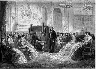 Concerto de "orquestra electromotora de piano", do seu inventor J.B. Schalkenbach, na presença de Napoleão III e Impressiona Eugenie de Montijo. Palais de Saint Cloud de French School