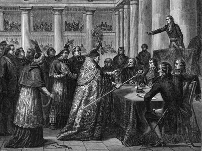 Concordata de 1801 - Assinatura da Concordata entre a França (na presença de Napoleão Bonaparte) e o Saint Siege (Saint Siege) (gravura) de French School