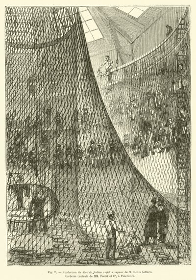 Fazendo a rede do balão de vapor cativo de M. Henri Giffard, Corderie centrale de MM Fretet et Ce, em Vincennes (gravura) de French School