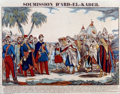 Conquete da Argélia (1830-1847): a submissão de Abd el Kader (Abd-el-Kader ou ibn Muhyi al-Din al-Hasani) (1807-1883) ao Duque de Aumale e ao exército francês em 24/01/1848. Gravura da Coleção Privada do final do século XIX de French School
