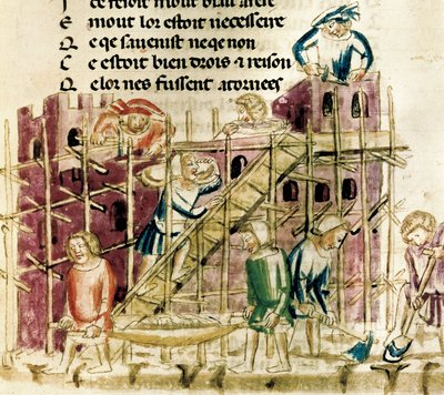 "Construção de uma fortaleza" Miniatura de um manuscrito do século XIV Paris, B.N. de French School