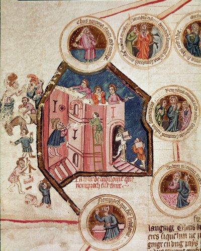 Canteiro de obras da Torre de Babel na Babilónia Página extraída do manuscrito "Genealogia da Bíblia" da escola francesa. Século XIV Cremone, biblioteca governativa de French School