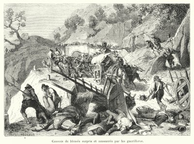Comboios de feridos surpreendidos e massacrados por guerrilheiros (gravura) de French School