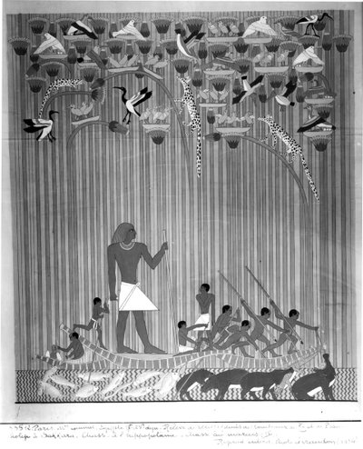 Cópia de um relevo pintado egípcio retratando a pesca e o hipopótamo do arpão, da tumba de Ti e do Ptah-Hotep em Saqqara, 5a dinastia, reino velho de French School