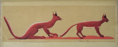 Cópia de uma pintura de parede antiga egípcia original retratando dois gatos selvagens de French School