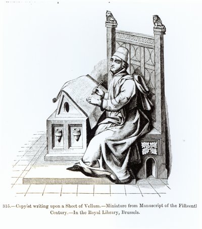 Copyista Escrita sobre uma Folha de Velino, de um manuscrito, ilustração da Ciência e Literatura da Idade Média e da Renascença, escrita e gravada por Paul Lacroix, 1878 (bw p de French School