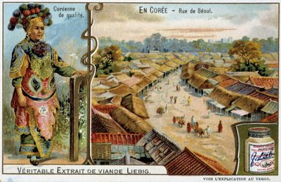 Coree: Seoul Street e traje feminino - chromo Liébig, v.1900 de French School