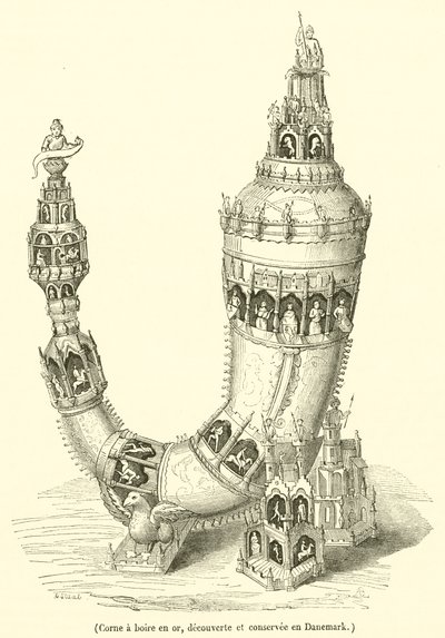 Trompa de ouro para beber, descoberta e conservada na Dinamarca (gravura) de French School