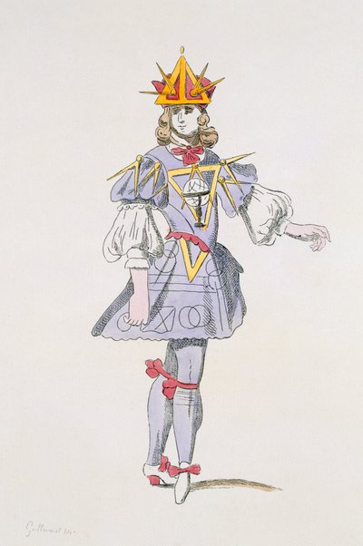 Figurino de Geometria em balé da corte do século XVII, da coleção Menus Plaisirs, fac-símile de A. Guillaumot Fils (gravura colorida) de French School