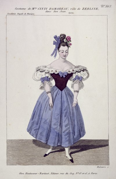 Traje para Madame Cinti Damoreau no papel de Zerlina em Don Giovanni, gravado por Maleuvre, imprimido por Hautecoeur-Martinet de French School