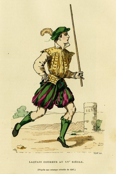 Traje de lacaio no século XV, encarregado de correr em frente à carruagem para libertar a estrada e anunciar a passagem de um nobre ou lorde. Gravura a cores, em "France et les francais a travers les centuries" de Augustin Challamel, F.Roy ed de French School