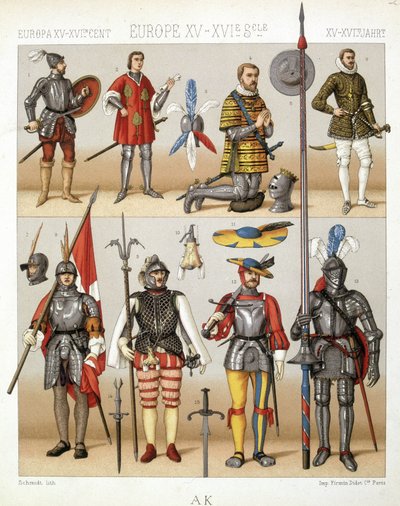Trajes e armaduras da Idade Média - in "O traje histórico" de Racinet de French School