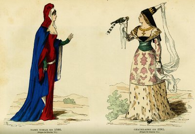 Trajes de dama nobre em 1386 e de chatelaine em 1395 (reinado de Carlos VII 1403-1461). Gravura a cores, em "France et les francais a travers les centuries" de Augustin Challamel, editor F.Roy, Paris 1882. Coleção Selva. de French School