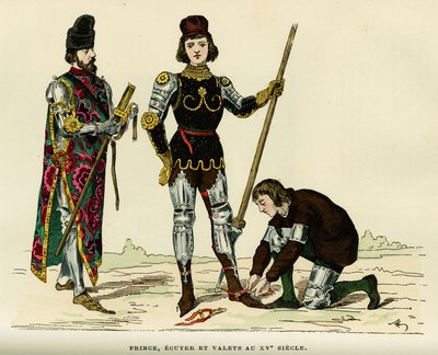 Fantasias do príncipe, dos seus ecus e do seu camareiro, no século XV. Gravura a cores, em "France et les francais a travers les centuries" de Augustin Challamel, editor de F.Roy, Paris 1882. Coleção Selva. de French School